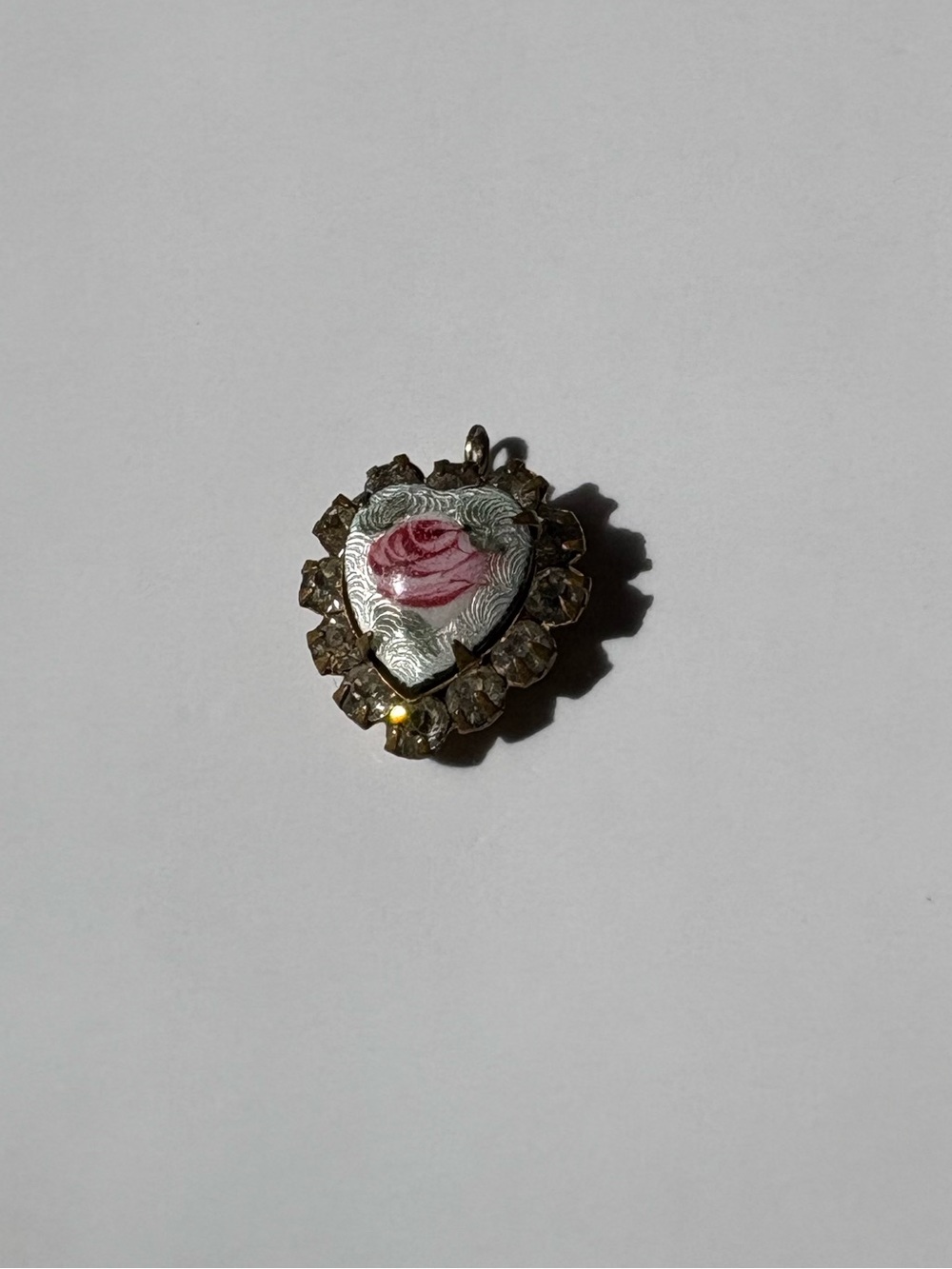 Vintage Coro Mini Heart Pendant Gold Guilloche Enamel Pink Rose Rhinestone